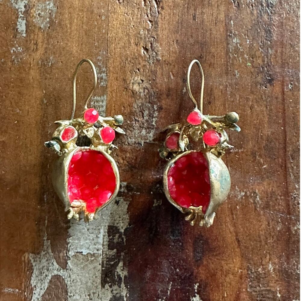 Fig & Pomegranate Dangle Earrings VTG | Gold Tone Red | Cottagecore Botanical